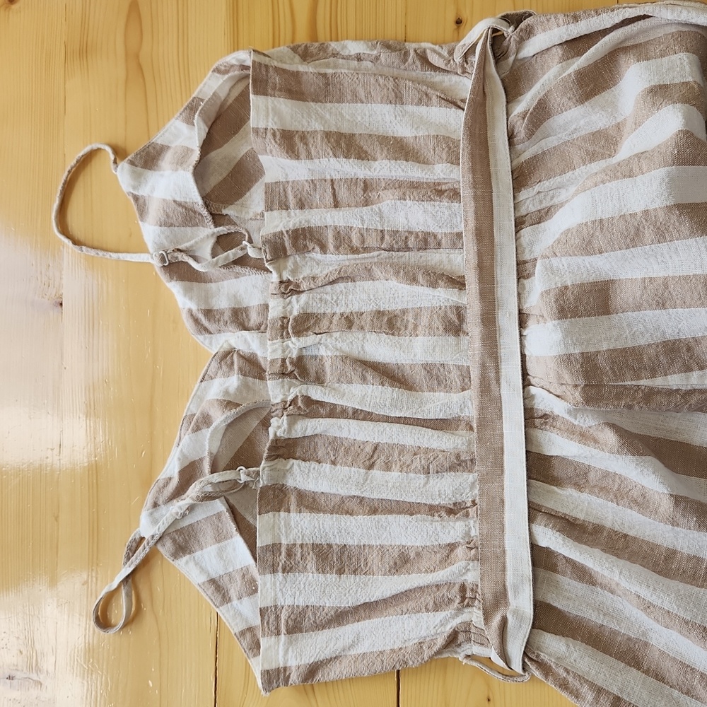 Kensie Jumpsuit Striped Cotton Linen Wide Leg Tan White Romper L - Picture 5 of 16